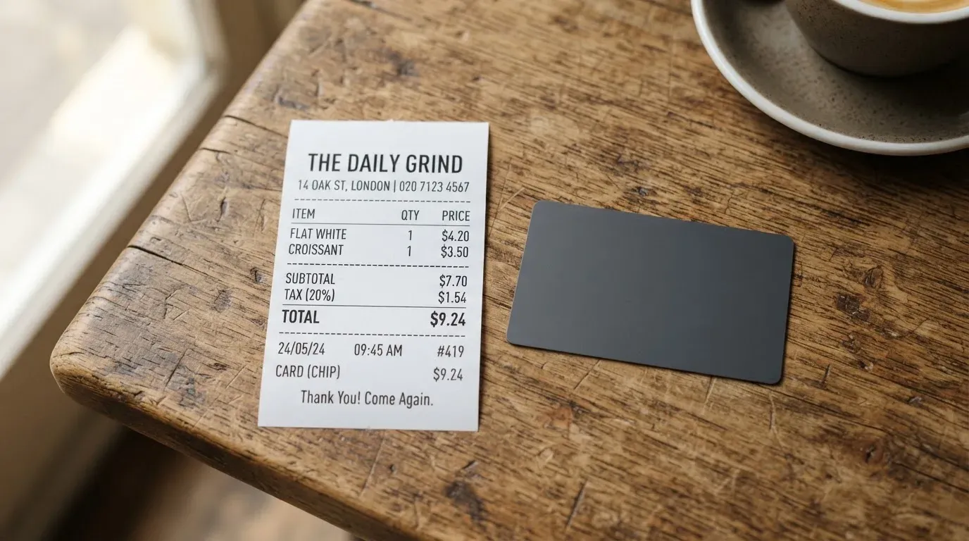 A receipt and a card on a café table