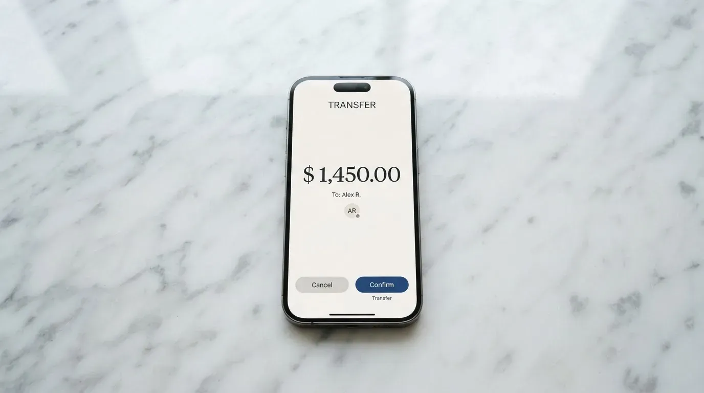 A phone showing a stablecoin transfer screen