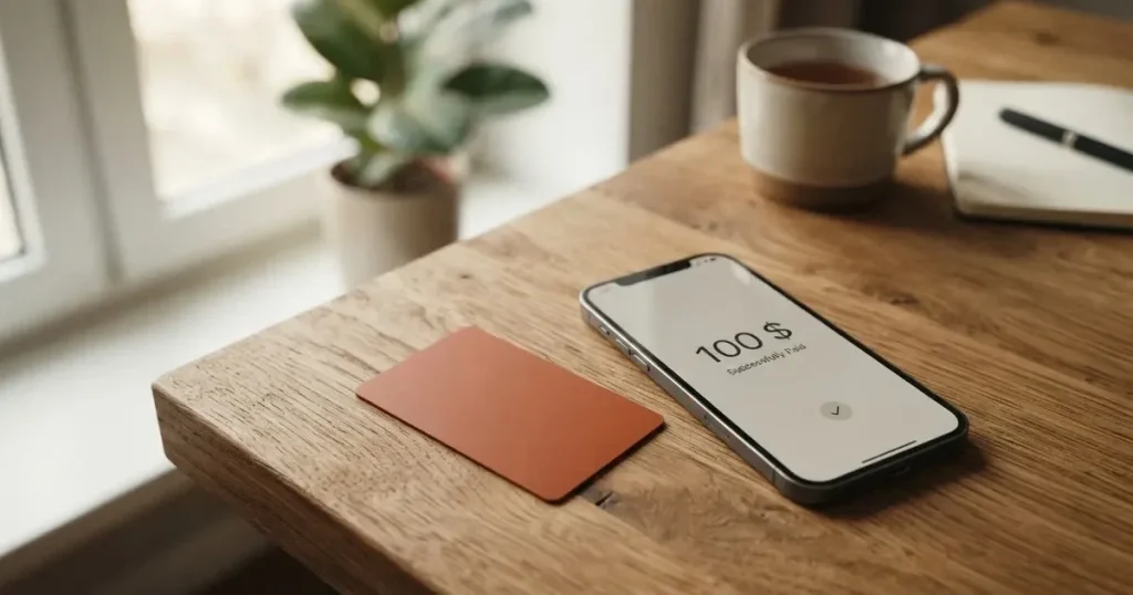 A payment card next to a phone with a crypto wallet app open