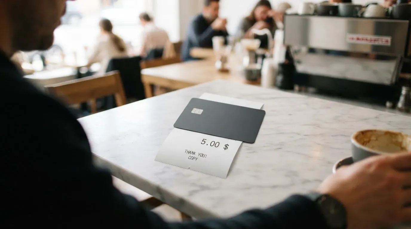 A receipt and a card on a café table