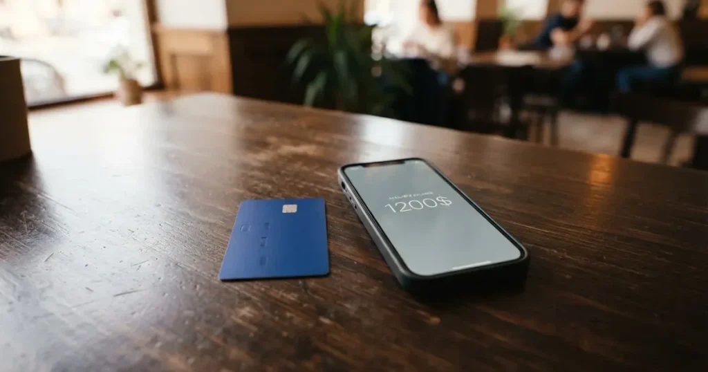 A payment card next to a phone with a crypto wallet app open