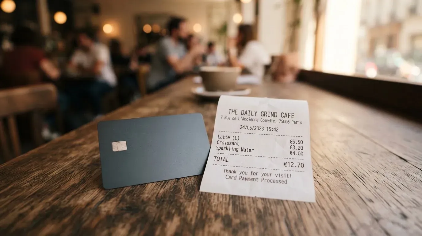 A receipt and a card on a café table