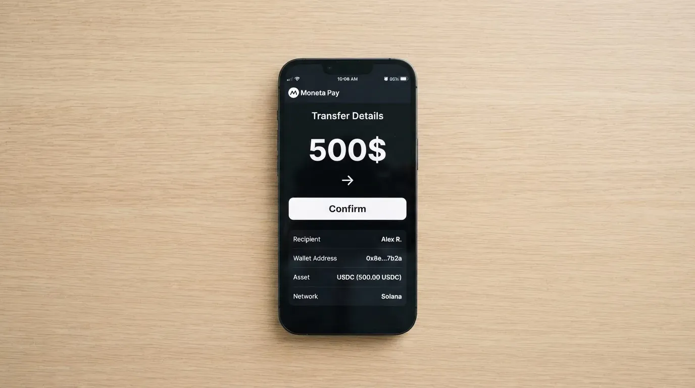 A phone showing a stablecoin transfer screen